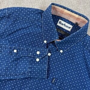 Barbour Tailored Fit Blue Geometric Cotton Button Down Shirt Men's Size Small